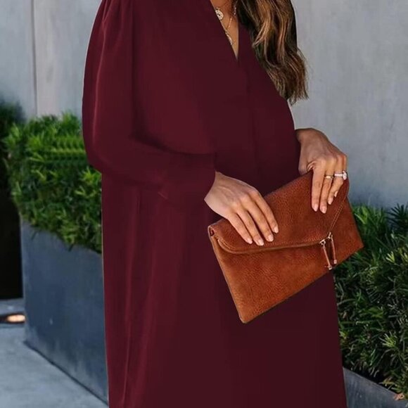 Womens Dresses Summer Casual Dress Long Sleeve V Neck Dress Shift Dress for Wome - Picture 3 of 5